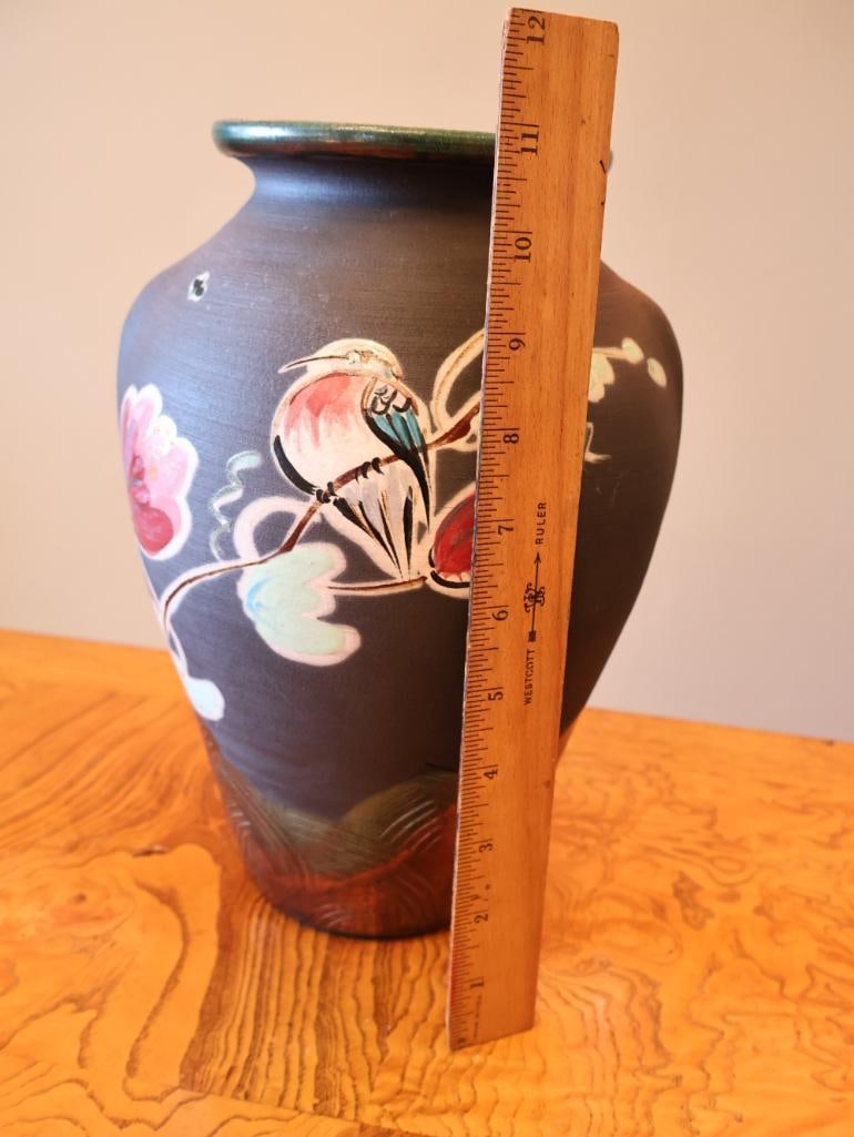 Vintage Framed Ceramic Tile Triptych Wall Art and Signed Hand-Painted Raku Pottery Vase - 8