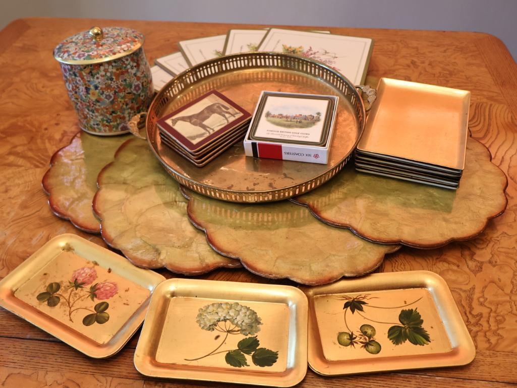 Vintage Hand Painted Floral Trays and More: Set of five hand painted floral gilded small trinket trays, mcm made in japan black, light blue and one gold tray, brass made in India tray, vintage coasters, and capiz shell placemats