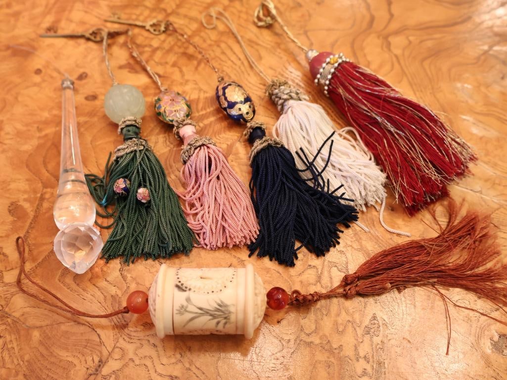 Collection of Tassels including Carved Bone: Various tassels, some with faux keys, cloisonne style beads, and vintage carved bone cylindrical adorned tassels with floral and dragon motifs