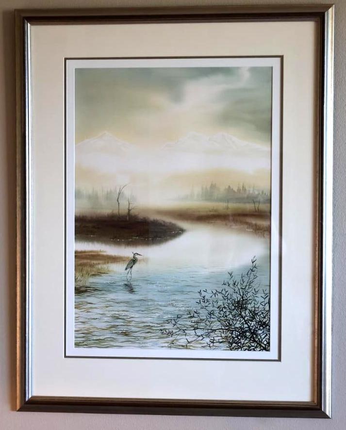 Large Watercolor By Don Zylius, Blue Heron Looking over the Three Sisters: Signed in corner with 'Zylius', who has lived and worked in Sisters, Oregon, approx. 40" x 30"