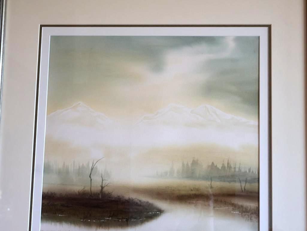Large Watercolor By Don Zylius, Blue Heron Looking over the Three Sisters - 2