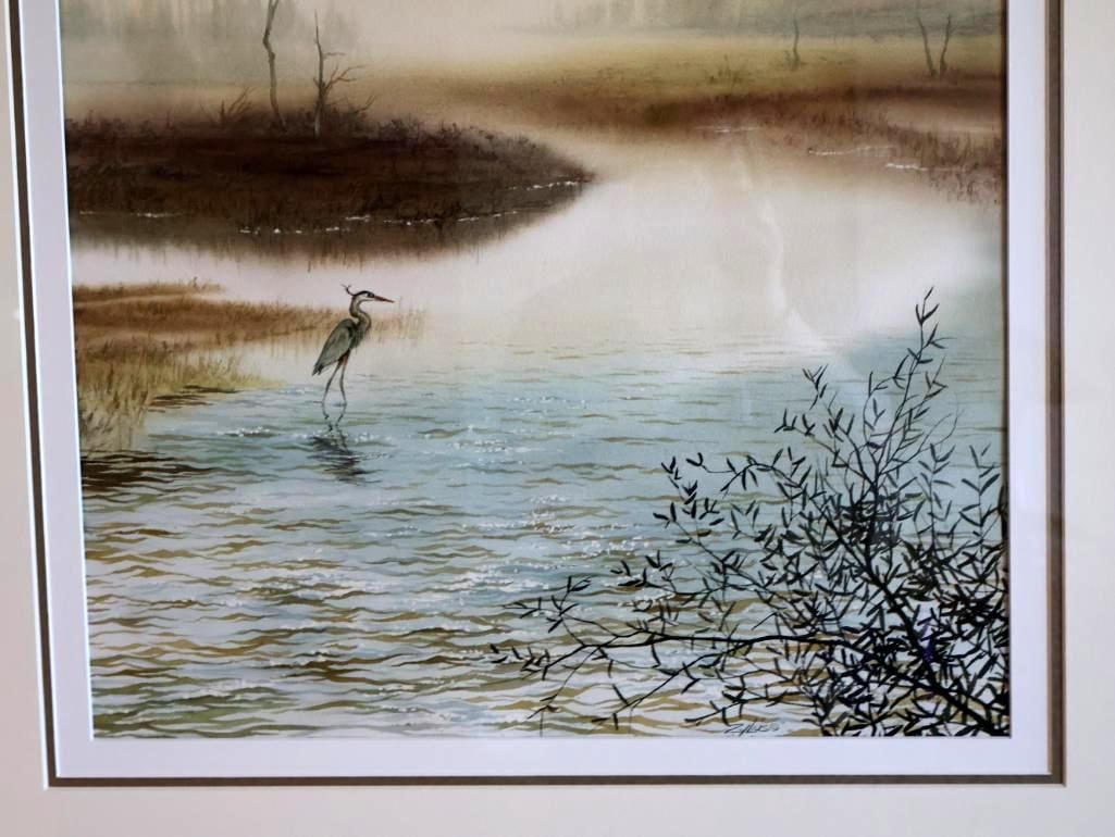 Large Watercolor By Don Zylius, Blue Heron Looking over the Three Sisters - 3