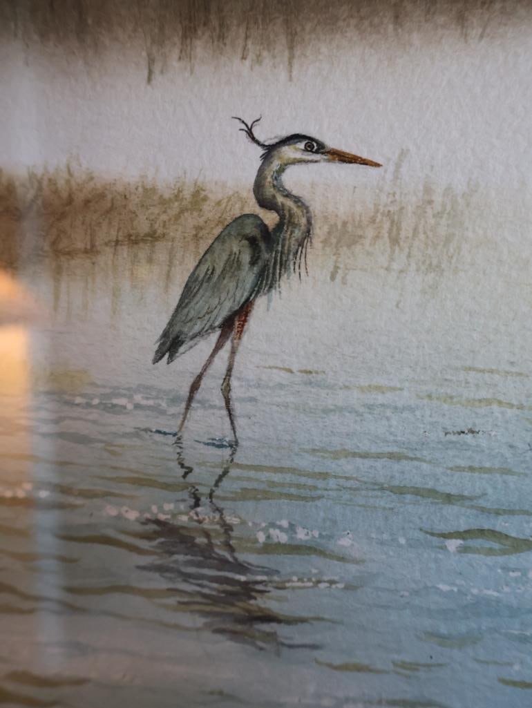 Large Watercolor By Don Zylius, Blue Heron Looking over the Three Sisters - 5