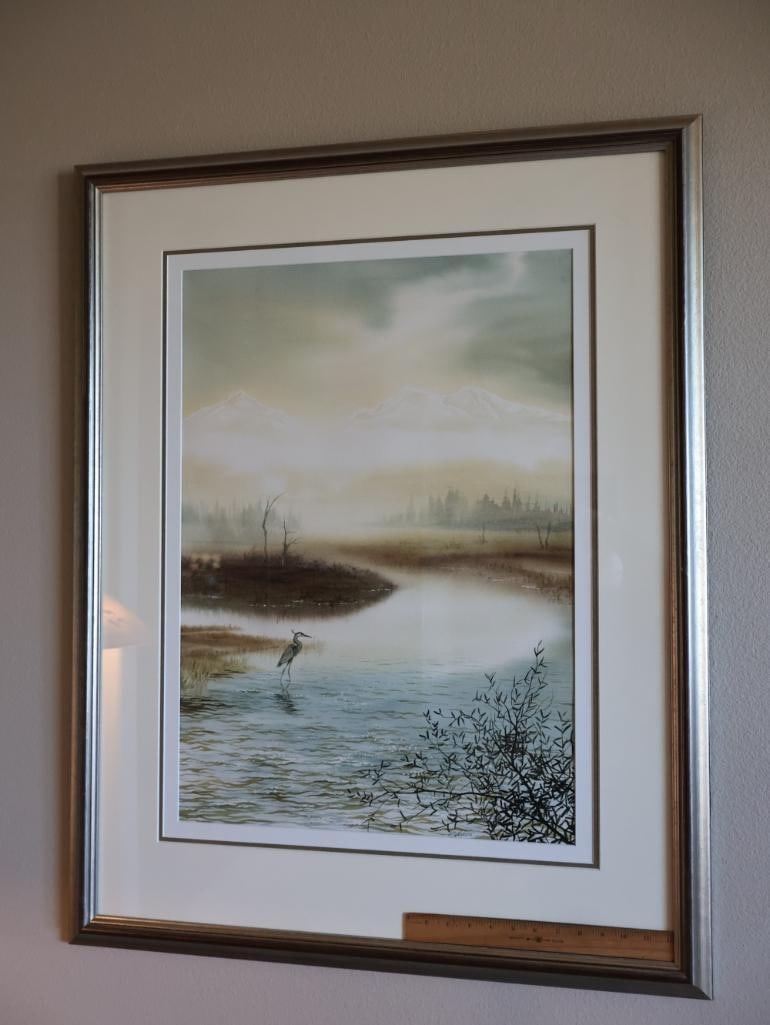 Large Watercolor By Don Zylius, Blue Heron Looking over the Three Sisters - 8