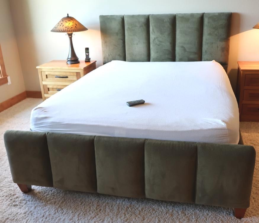 Sage Green Tufted Modern Queen Size Adjustable Bed Frame: Modern soft light sage green tufted bed frame with queen sized mattress and Reverie Brand power adjustable bed base. Includes wireless remote that controls head and foot positions, along with massage