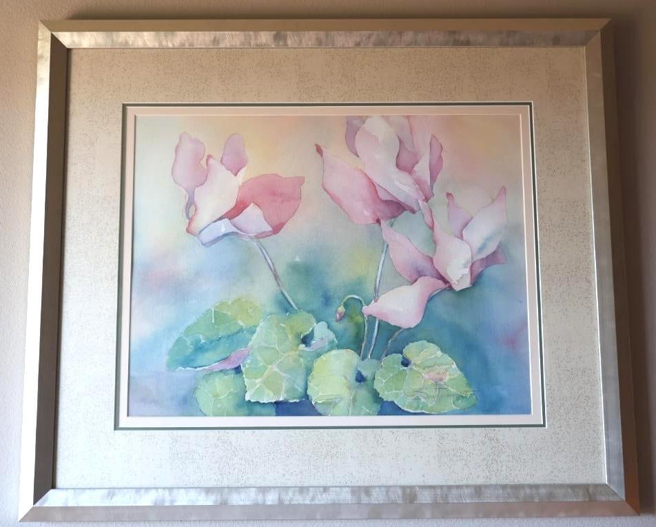 Large Framed Floral Sue Bennett Watercolor: Signed in corner with 'Sue Bennett' known Oregon artist