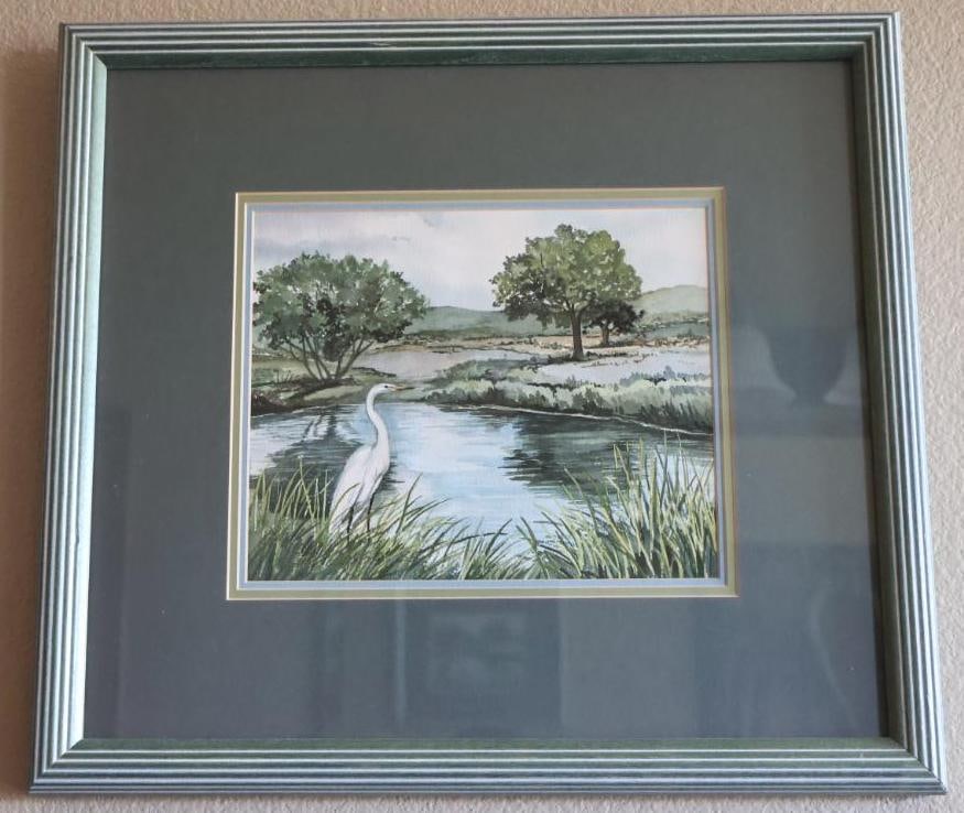 Small Framed Original Painting of Crane in Wetlands: No signature present, framed and matted