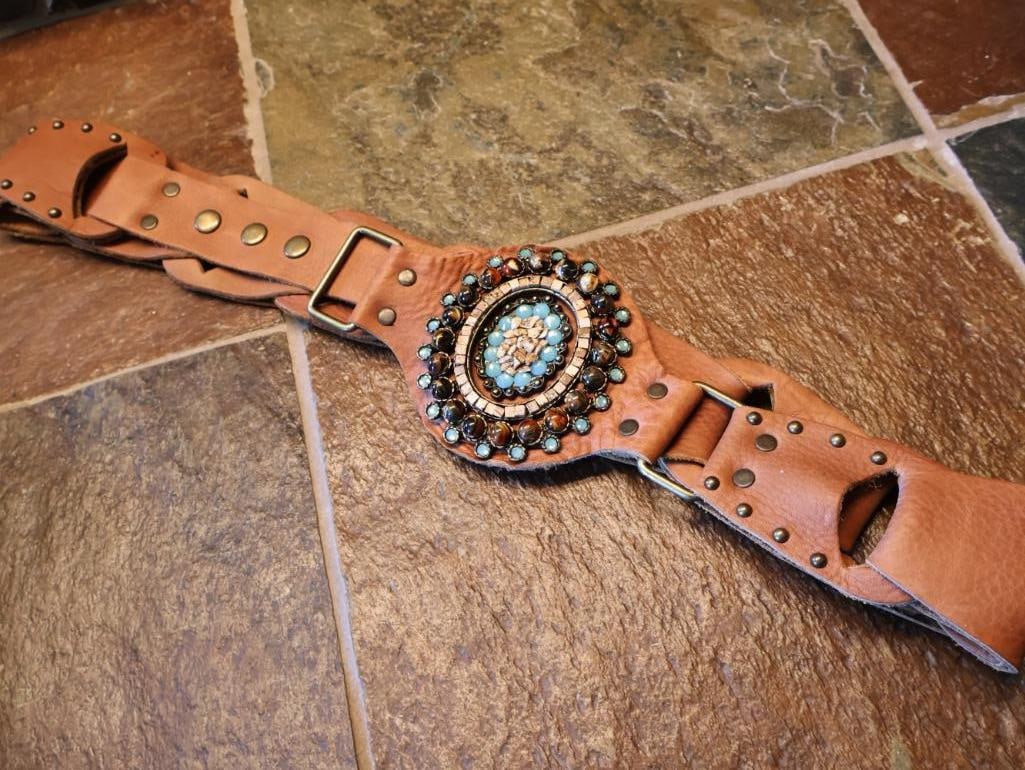 Two Ornate Leather Rock Fashion Belts - 11