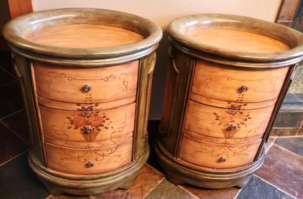 Pair of Rustic Oval Shaped Side Tables: Green edged side tables with vintage-style painted flower bouquet fronts, three drawers. Aboiuyt 28" tall by 16" wide and little over a foot deep