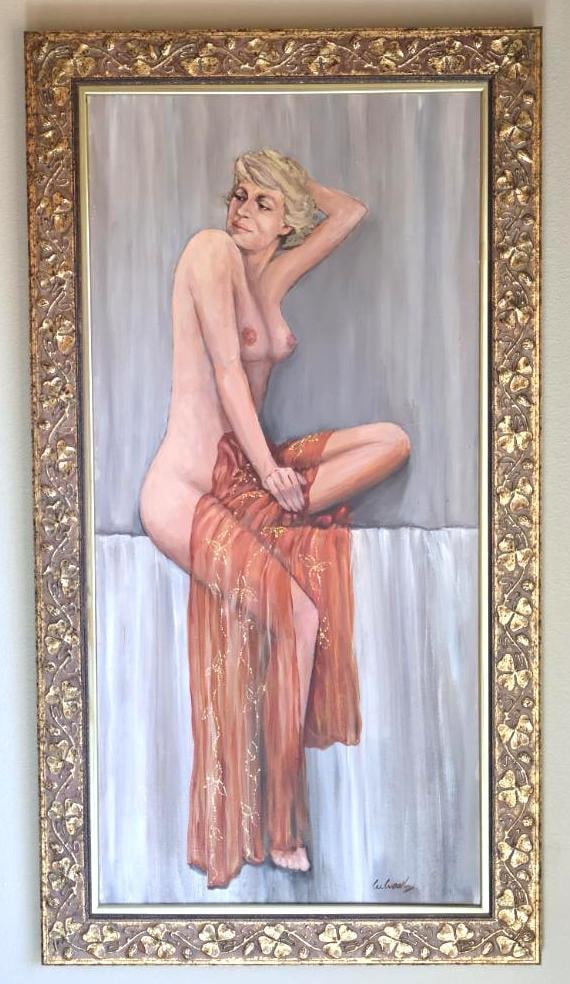 Original Large Portrait of Draped Woman: Lovely clover gilded framed portrait of a nude with red drapery on a silver background. Signed in corner 'W. Wodley' Tag on back states 'Blue Sky Gallery Custom Framing' about 4 ft tall by 16"