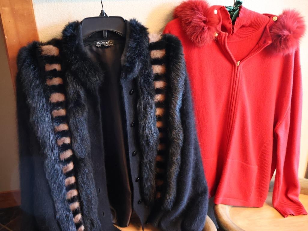 Two Fur Style Jacket and Sweater: Venesha Large striped fur jacket, and St. John Cashmere red zip sweater