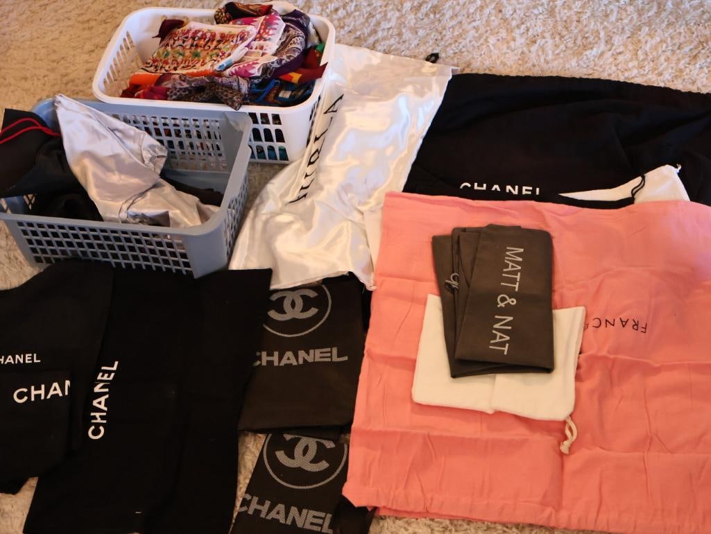 Silk Style Scarves and Various Luxury Brand Dust Cover Bags and Silk Scarves: Various silk and silk style scarves, and Chanel and more dust cover bags