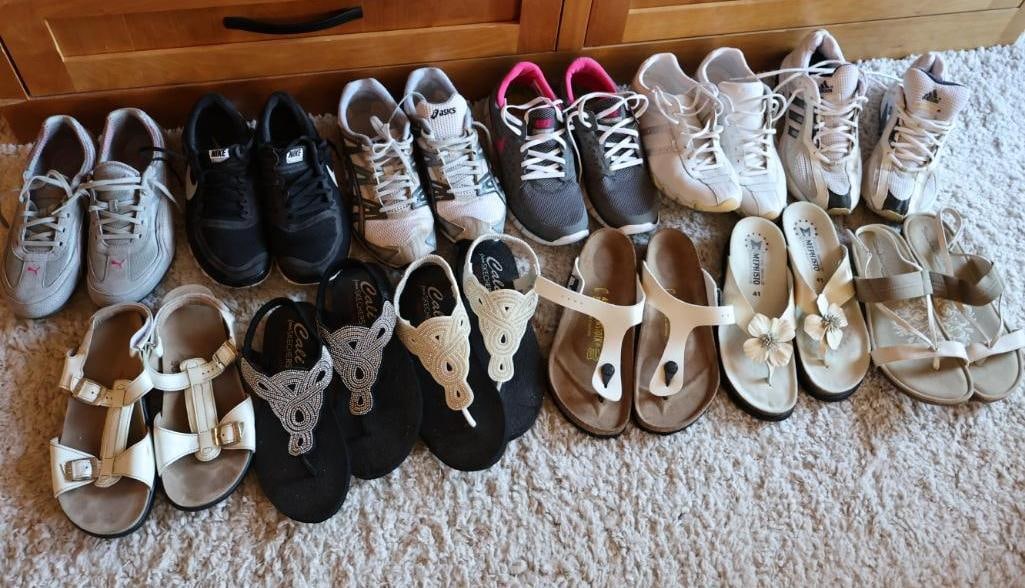 Large Lot of Ladies Tennis Shoes and Sandals: All appear to be about size 10 or so, includes Nike, Puma, Asics, Birkenstock, and more