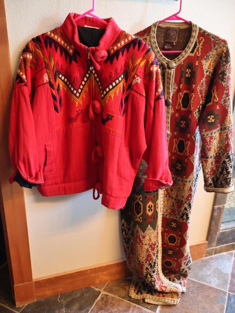 Vintage Llama Cheimax and Double Ranch Sweater: Vintage Llama themed marked designs by Deborah Rakes and long floor length Double Ranch marked Large