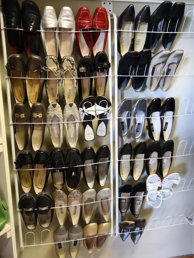 Large Collection of Ladies Shoes: Wall racks not included, ladies dress shoes and sandals, mostly sized ladies 10