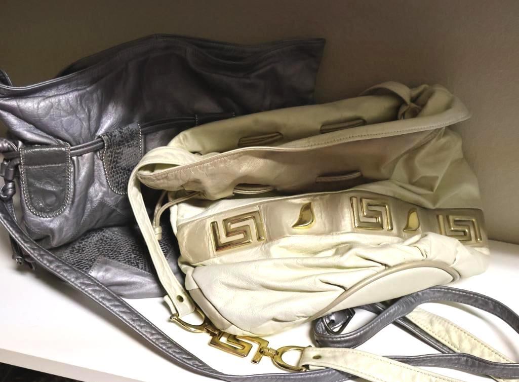 Two Vintage Y2K Boho Bags: Ohh! Ashley Genuine Leather made in USA cream colored bag with gold-tone accents, and unmarked grey bag