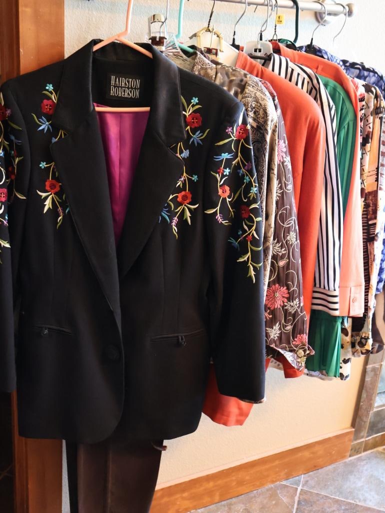 Vintage Embroidered Ladies Suit Jacket and More: Hairston Roberson ladies floral embroidered suit jacket size 14, and various blouses including Chico's and Ralph Lauren