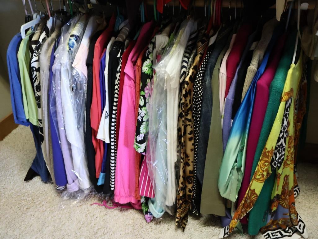 Large Collection of Ladies Tops, Blouses, and Shirts: Patagonia, Jones New York, Ellen Tracy, vintage windbreaker and pant set by French Navy size Large, Jamie Sadock, Vintage Fringe Western shirt, and more. Mostly Large and Extra Large