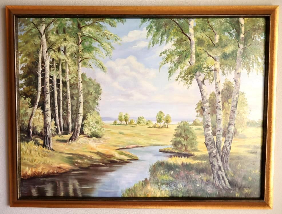 Original Large Landscape Painting of Grassland Stream: Signed in corner 'B. Mikusoh', with custom framing sticker in corner, about 39" by 29"