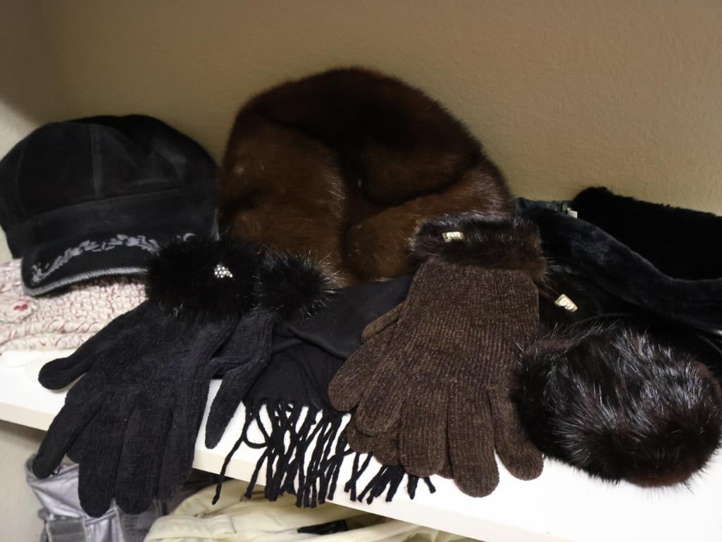 Collection of Fur Accessories and more: Fur ear muffs, black and brown gloves, and mink hat, Bogner brand headband, cashmere type scarf and more