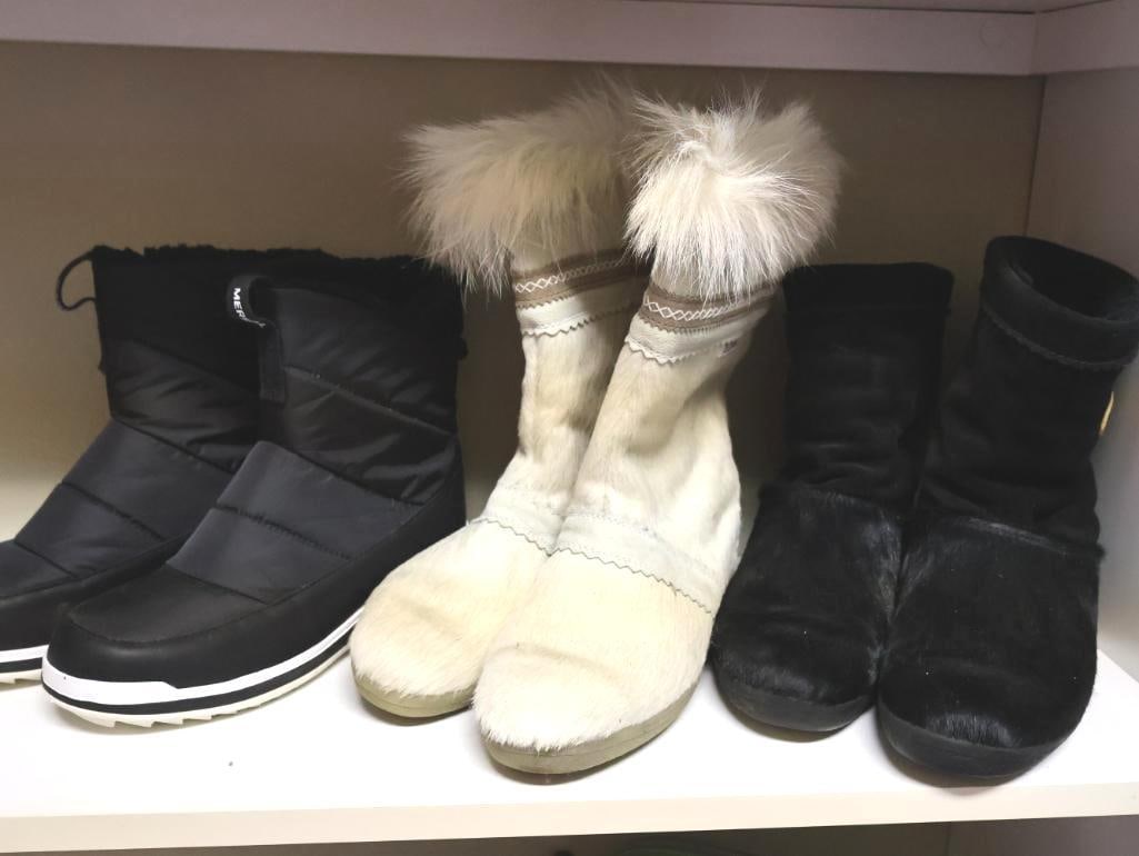 Three Pairs of Ladies Winter Boots: Fur accented leather Italian made Tecnica black and white boots, and Merriel quilted boots