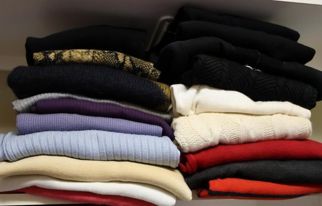 Two Stacks of Sweaters: Includes vintage and newer sweaters, Bloomingdales Mohair sweater, Neiman Marcus brand, Serena's Large sized clasped front sweater and much more