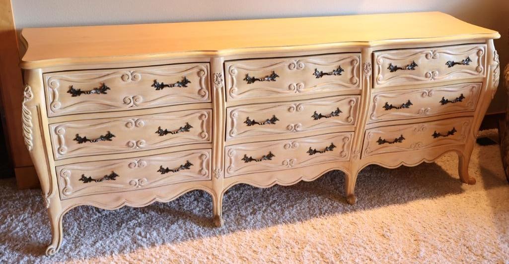 Fremarc Design Country French Carved Chest Of Drawers Dresser: Fremarc Designs marked inside of drawer, lovely light wood nine drawer French Provincial chest of drawer, 80" long, 19" deep, and 31" tall