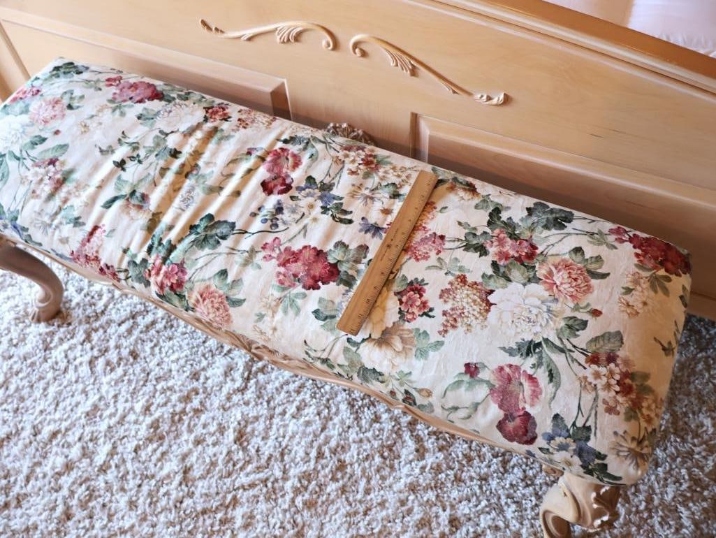 Floral Cushion Bench with Light Wood Carved Accents - 2