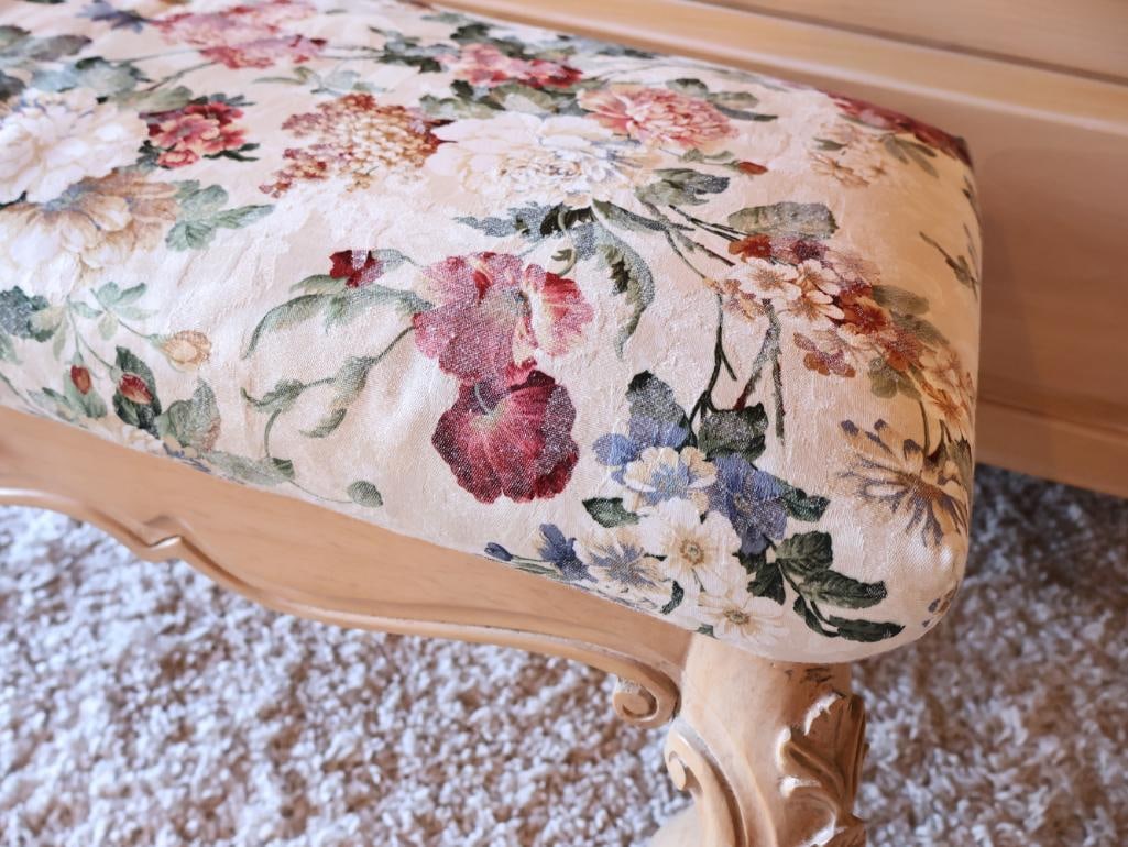 Floral Cushion Bench with Light Wood Carved Accents - 3