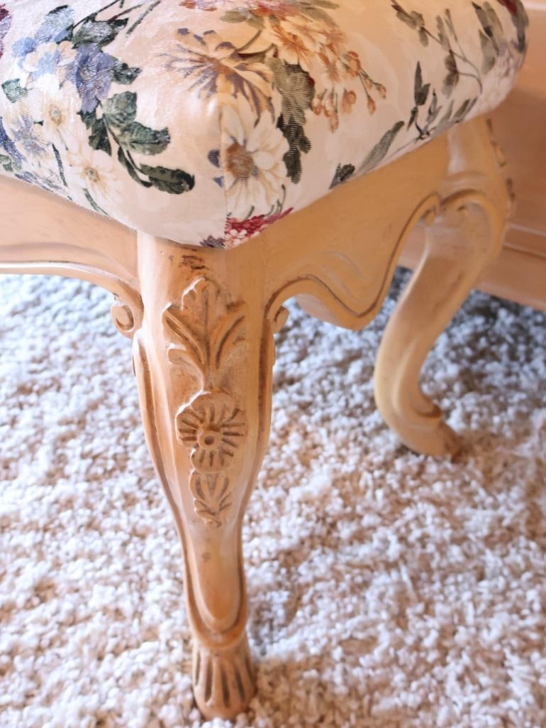 Floral Cushion Bench with Light Wood Carved Accents - 4