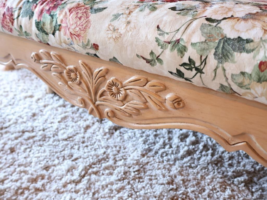 Floral Cushion Bench with Light Wood Carved Accents - 5
