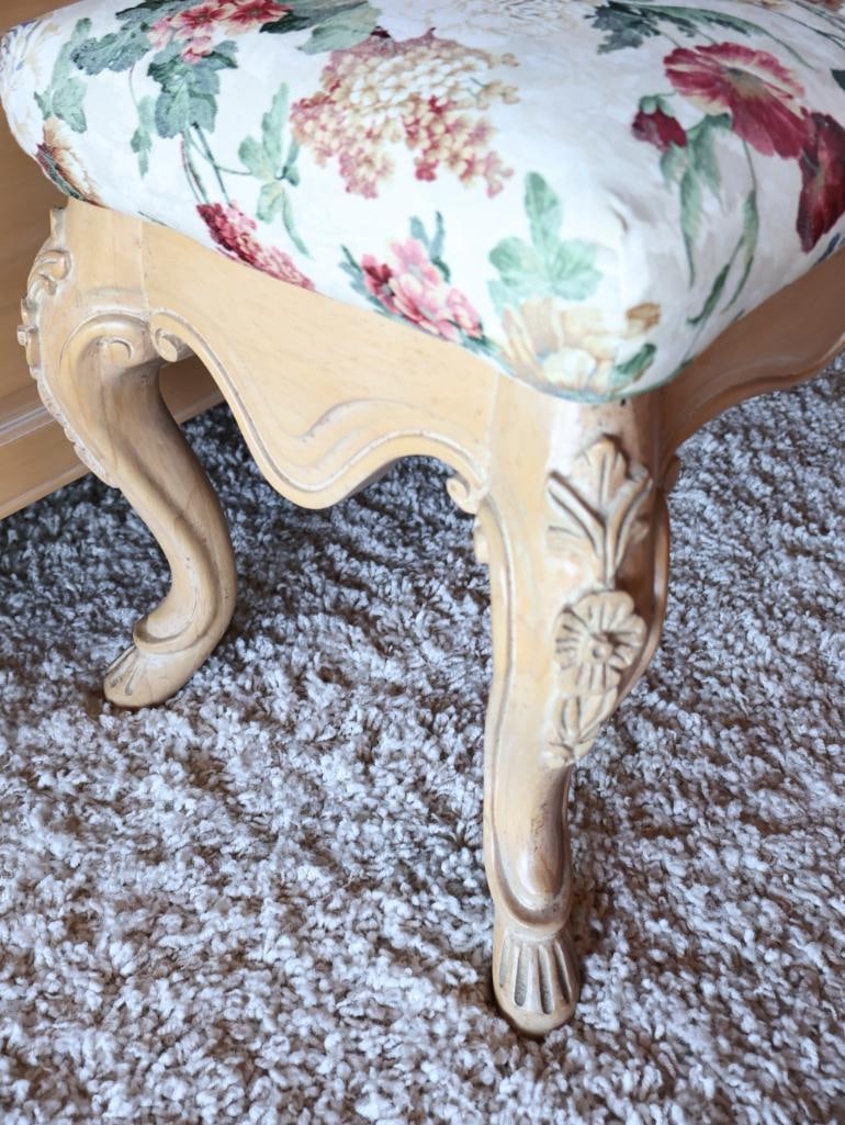 Floral Cushion Bench with Light Wood Carved Accents - 6