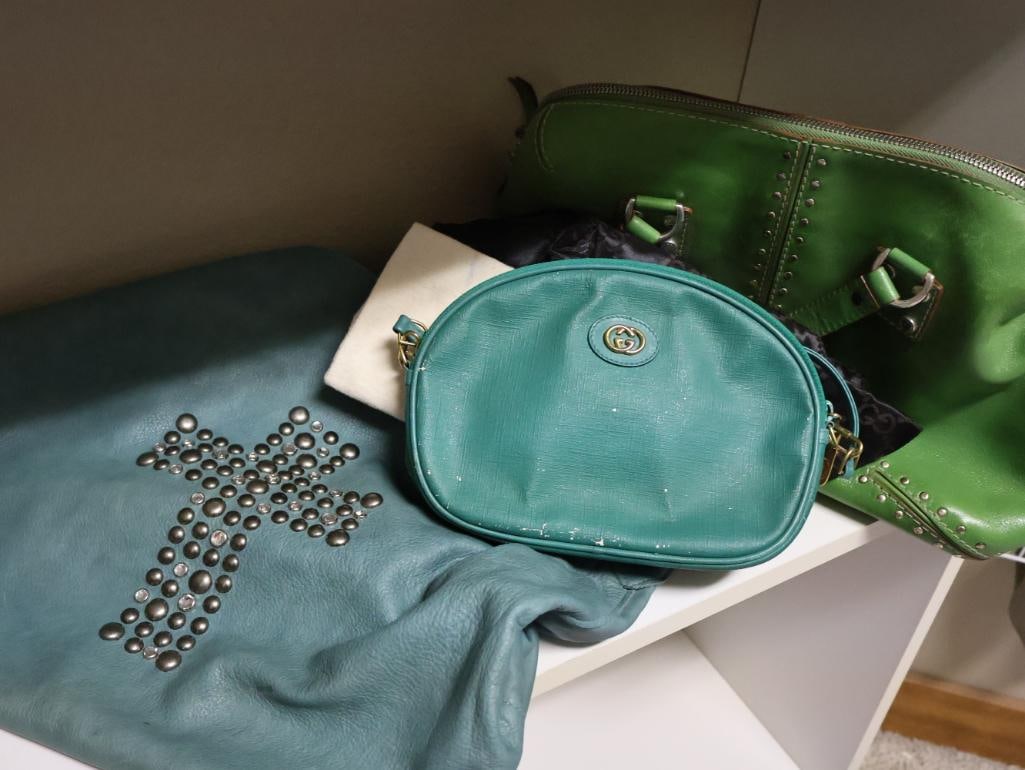 Three Colorful Purses: Green Michael Kors Boho studded bag, Two Bar West Cross bag, and small crossbody style blue bag (outer covering slightly flaking please see photos, faux leather) and Gucci dust cover