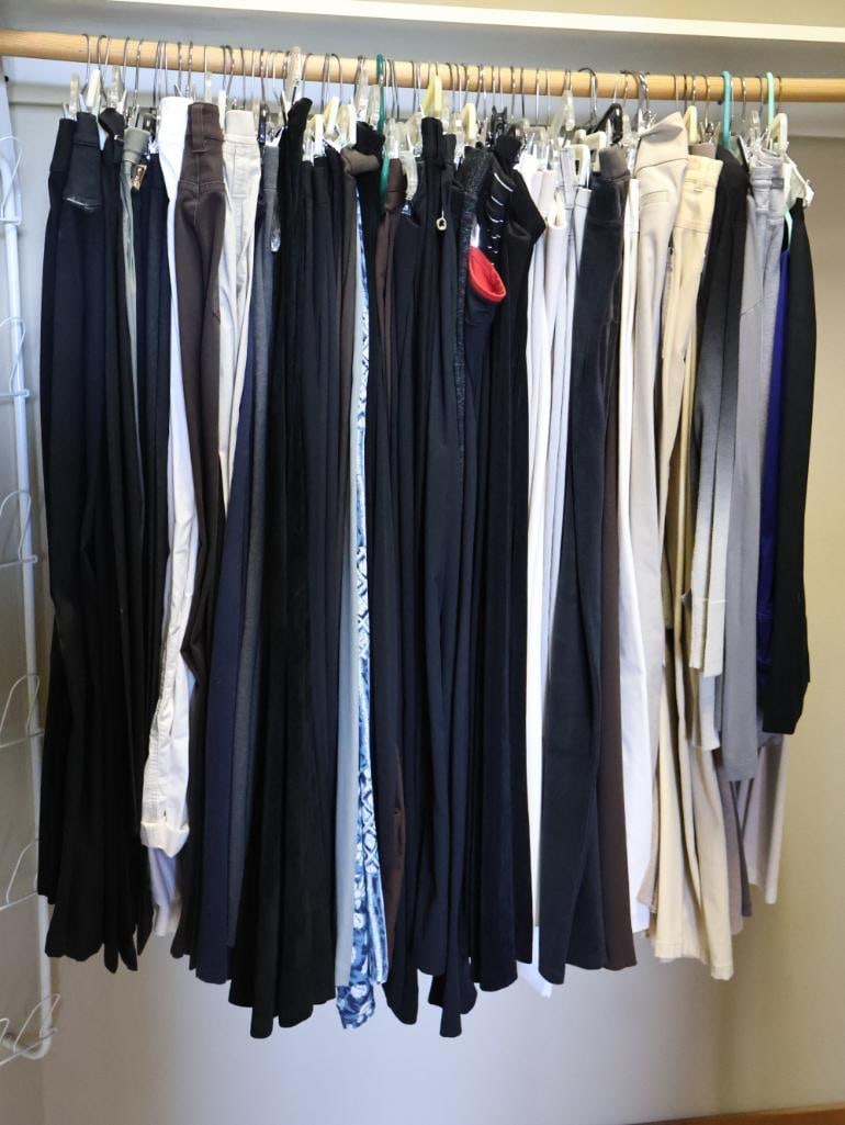 Large Lot of Ladies Pants and Slacks: Includes various styles including pull on and button slacks, Chico's size 2 pants with tags, Jamie Sadock, Nike, Siera STudio, and much more