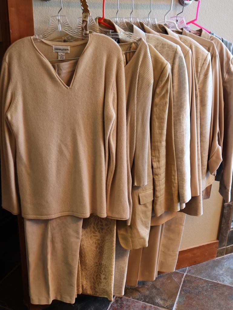 The Beige Collection of Ladies Outfits: Various outfits featuring neutral beige taupe coloring: bloomingdales, Brandon Thomas, Madeline, DKNY, Ralph Lauren, Dana Buchman, and more