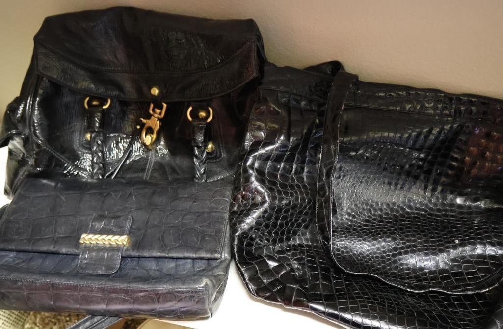 Three Black Purses: Large boho bag marked genuine leather black crocodile skin purse, smaller Anne Klein and Francesco Biasia