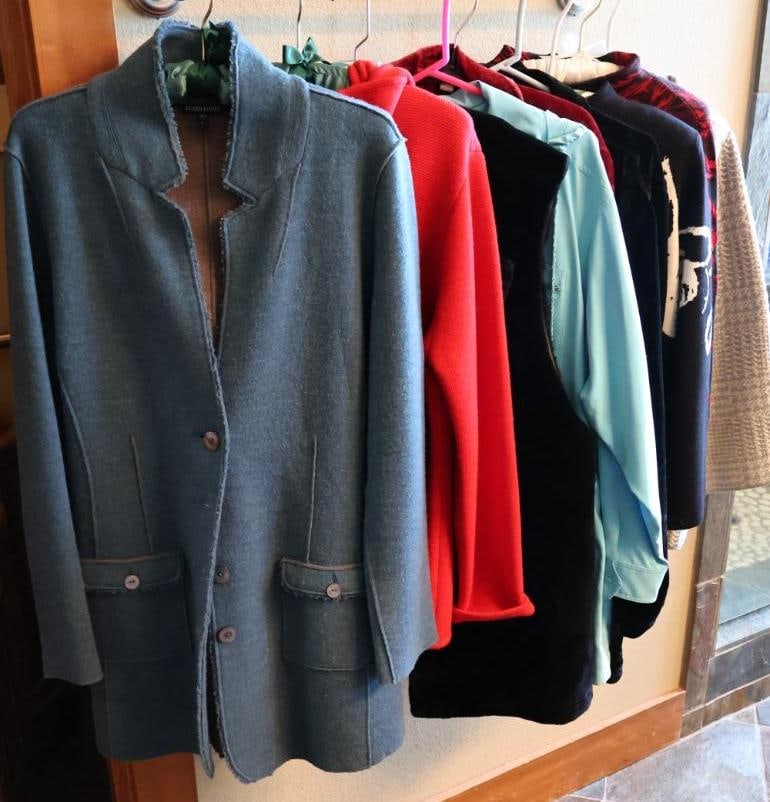 Ladies Jackets and Sweaters: Ellen Fisher large blue jacket, Anne Klein red sweater XL, ES vest, Neiman Marcus, Chico's and more