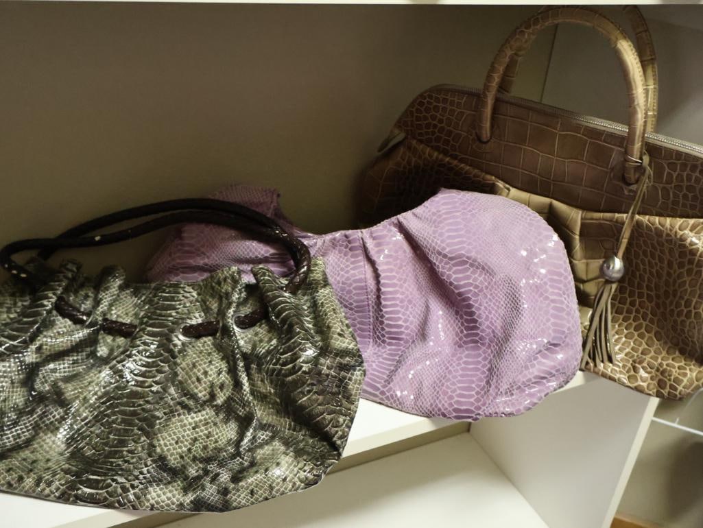 Three Y2K Style Fashion Purses: Purple Slouchy boho bag by Perlina, Furla made in Italy genuine leather crocodile skin purse, snakeskin purse has some cracking along handle