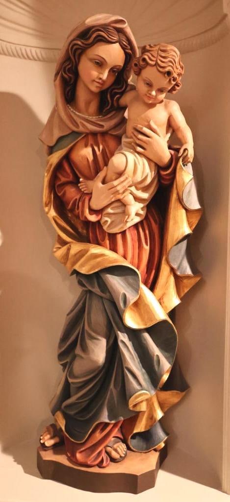 Italian Handmade Wood-Carved Large Statue of Madonna and Child: Crafted in the style of Val Gardena artisans in Italy, lovely over 2 ft tall wood carving of Madonna and Child with lovely hand painted details. Bottom unmarked