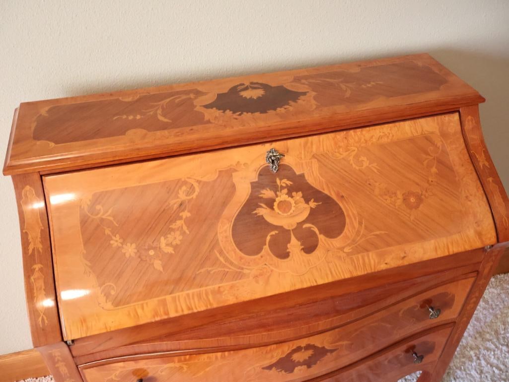 Vintage Italian Style Inlaid Marquetry Secretary Desk - 3