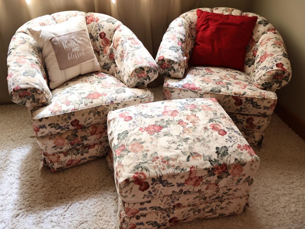 Pair of Floral Tufted Barrel Back Swivel Chairs with Matching Ottoman: Lovely floral chairs with red and pink flowers over cream, includes matching square ottoman