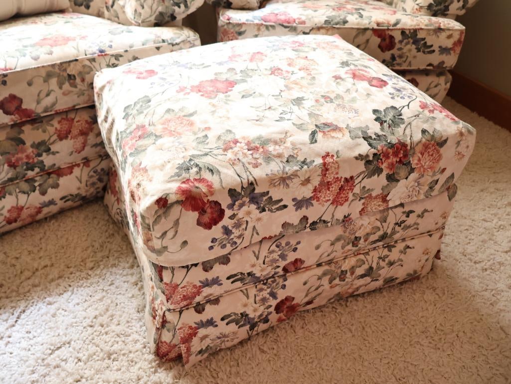 Pair of Floral Tufted Barrel Back Swivel Chairs with Matching Ottoman - 2