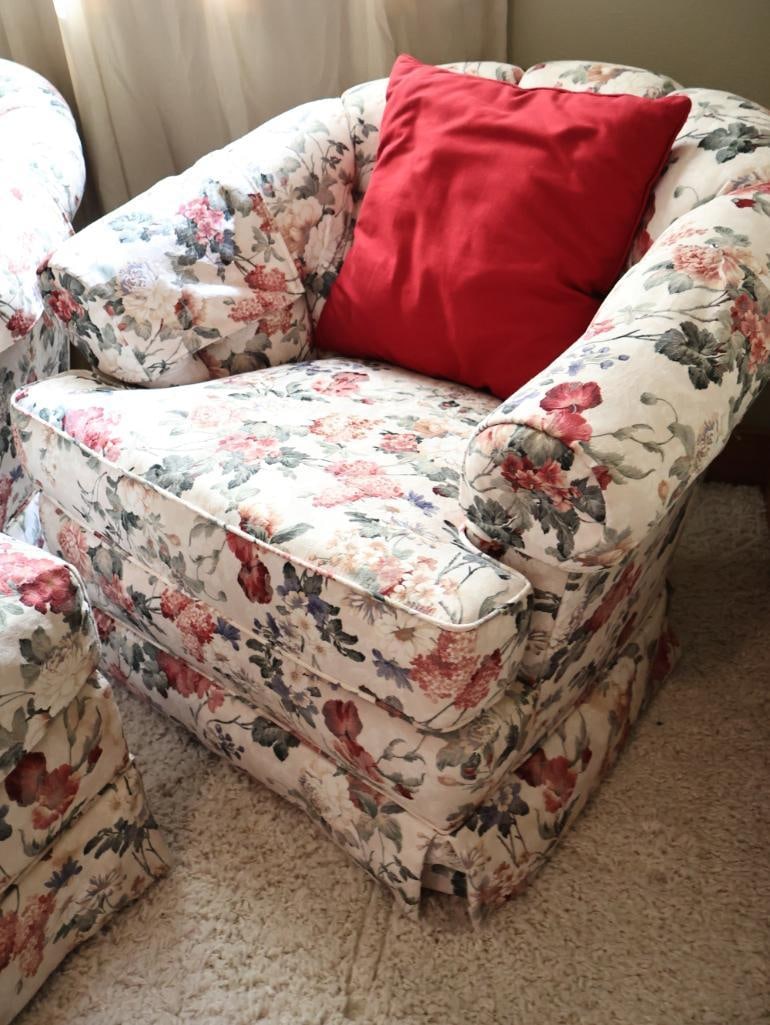 Pair of Floral Tufted Barrel Back Swivel Chairs with Matching Ottoman - 5