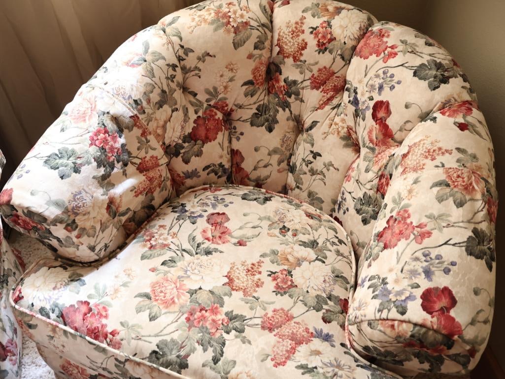 Pair of Floral Tufted Barrel Back Swivel Chairs with Matching Ottoman - 6