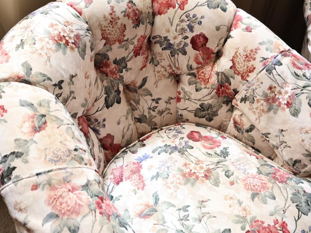 Pair of Floral Tufted Barrel Back Swivel Chairs with Matching Ottoman - 9