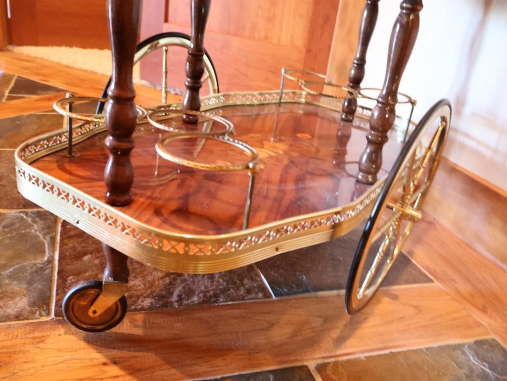 Vintage Mid-Century Italian Marquetry and Polished Brass Bar Cart - 10