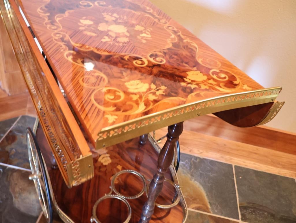 Vintage Mid-Century Italian Marquetry and Polished Brass Bar Cart - 11