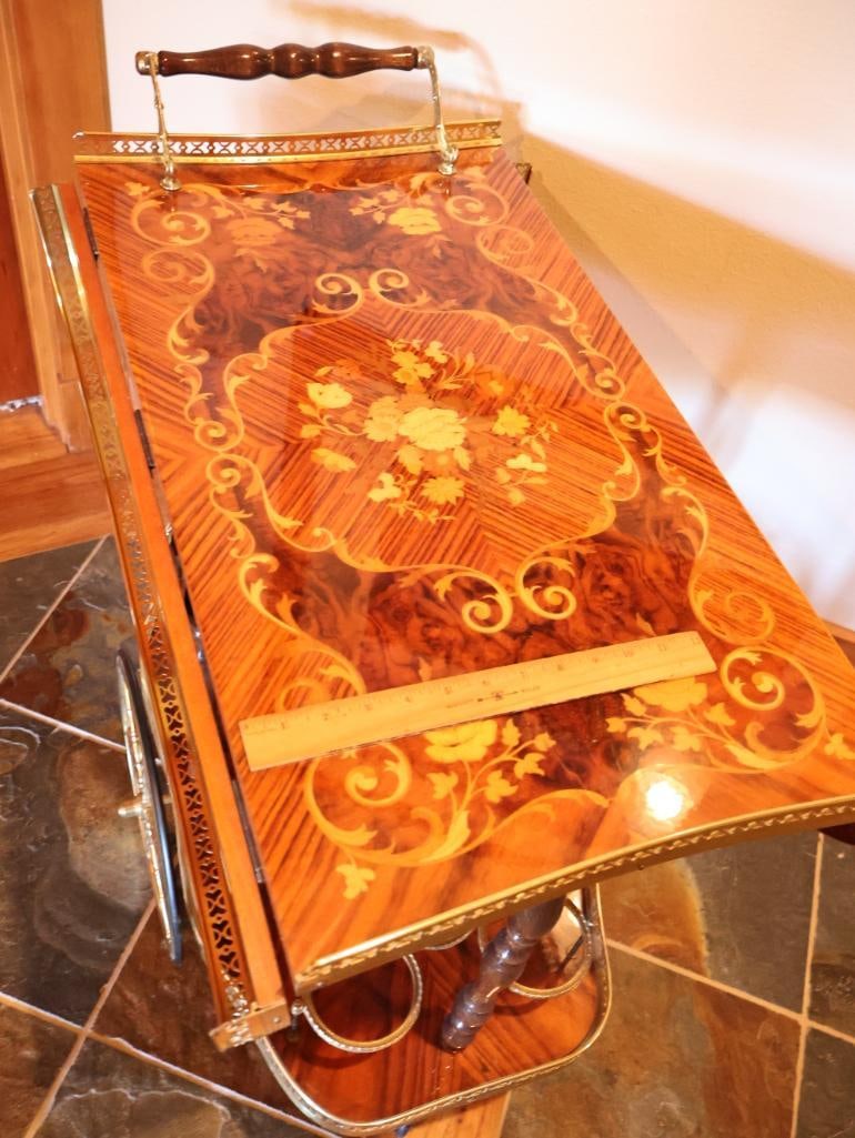 Vintage Mid-Century Italian Marquetry and Polished Brass Bar Cart - 12