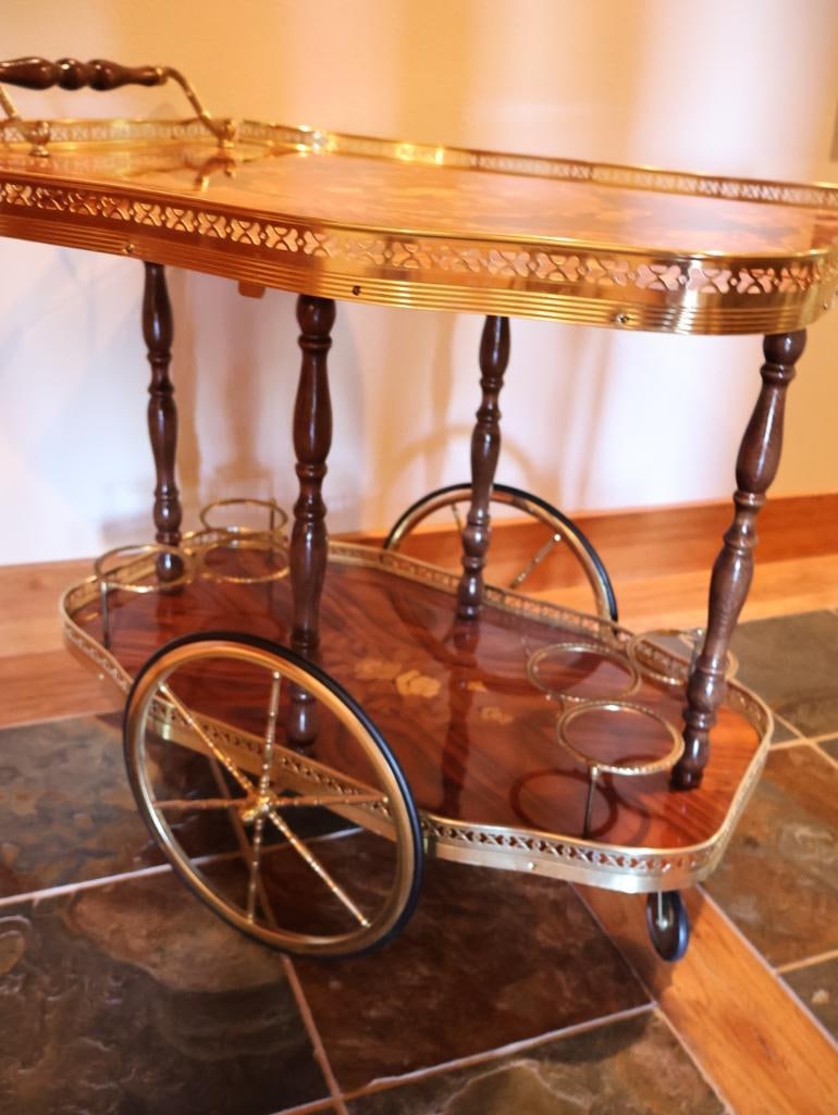 Vintage Mid-Century Italian Marquetry and Polished Brass Bar Cart - 6