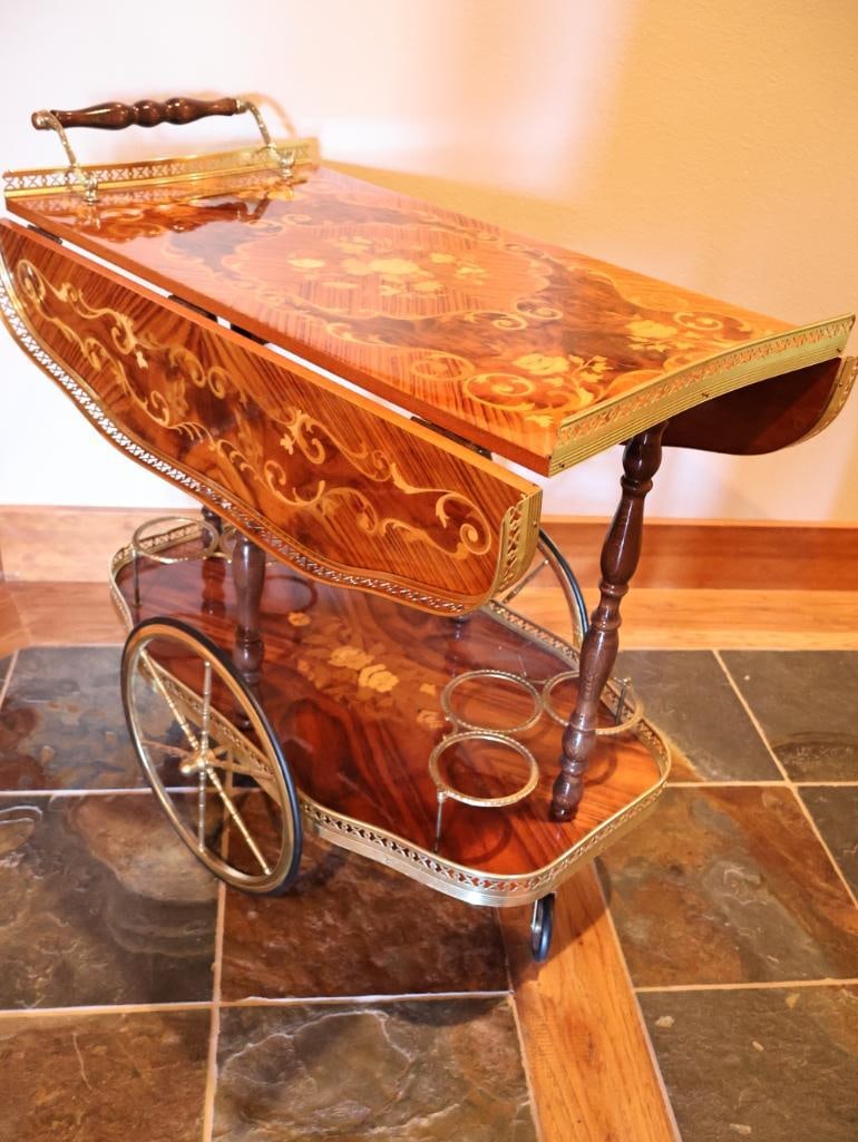 Vintage Mid-Century Italian Marquetry and Polished Brass Bar Cart - 7